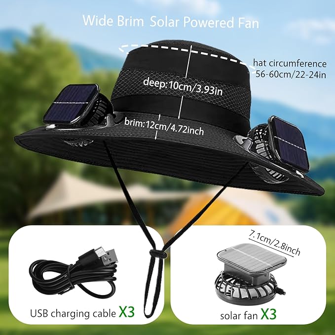 Solar Fan Hat for Men,Wide Brim Sun Hat with 3 Solar Fans,Neck Gaiter and Arm Sleeves,Fishing Hat with Solar Fans Built in,Outdoor Fishing Hiking Gardening Cool Hats Black