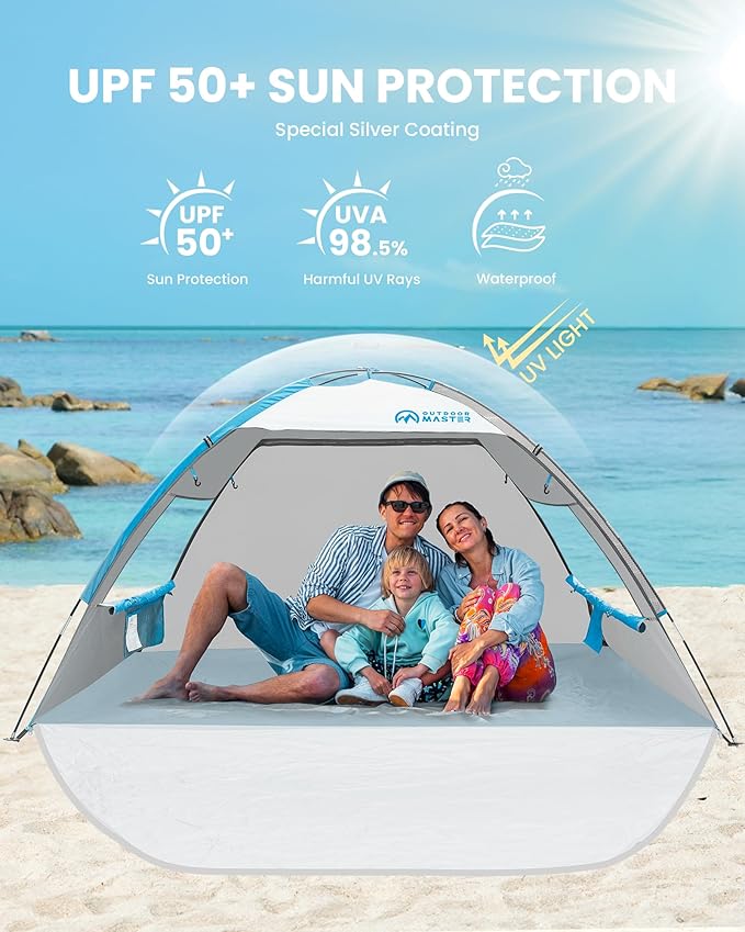 OutdoorMaster Beach Tent Sun Shelter with 2 Ventilated Doors, UPF50+ Easy Setup Beach Tent Canopy for 3 Person, Lightweight & Portable Family Beach Umbrellas for Sand with Carrying Bag -Ocracoke Coast