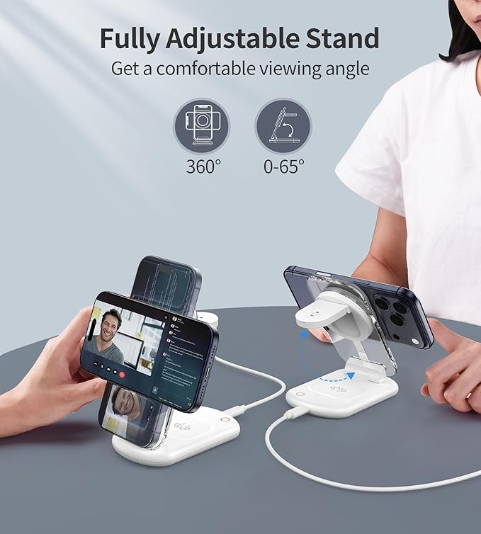 3 in 1 Magnetic Wireless Charging Station for Apple Devices, Fast Foldable Travel Mag-Safe Charger Stand with Night Light for iPhone 17 16 15 14 13 12 Series, Apple Watch/AirPods Pro, White