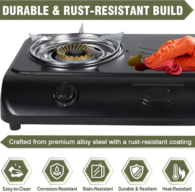 BESTFIRE 30000 BTU Double Burner Propane Gas Stove, Portable Outdoor Camping Cooker with Auto Ignition, Rust-Resistant Alloy Steel, CSA Regulator & Hose, for BBQ, RV, Tailgating, 28.74"×14.76"×5.51"