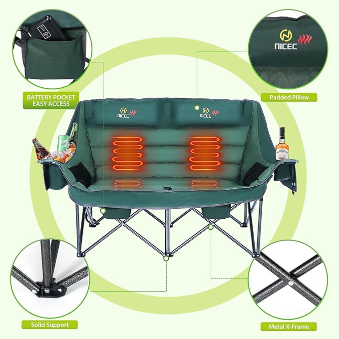 Nice C Heated Camping Chair with Battery, Heated Double Camping Couch, Oversized Thick Padded Loveseat, Heated Camping Chair for Adults, with Cooler Bag, Bottle Opener, Power Bank (Green)