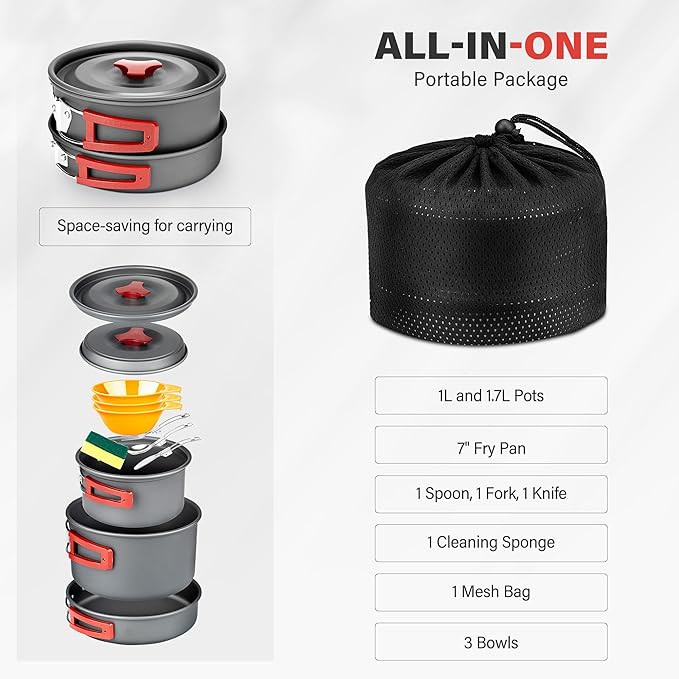 Alocs Camping Cookware, Portable Camping Essentials with Accessories, Camping Gear Camping Cooking Set for Outdoor Cooking, Backpacking, Hiking and Picnic.