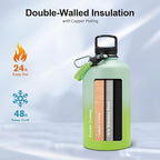 Trebo One Gallon Water Bottle Insulated with Paracord Handle,128oz Stainless Steel Sports Large Jug,Food-grade Double Wall Vacuum with Straw Spout Handle Lids, Leakproof Keep Cold & Hot, Dark Green