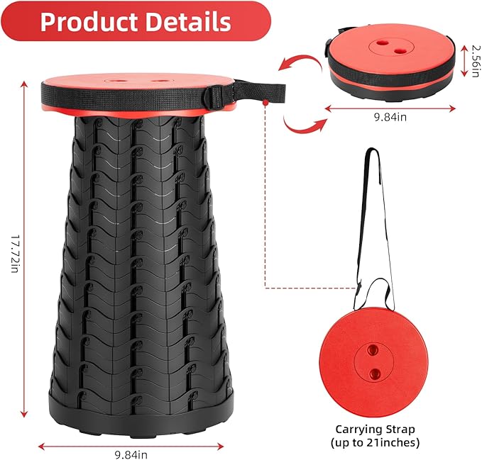 Collapsible Folding Chair - Upgraded Portable Chair with 400lbs Load Capacity, Perfect for Camping, Fishing, Hiking - Folding Stool with Carrying Straps, Gift for Fisherman (Red)