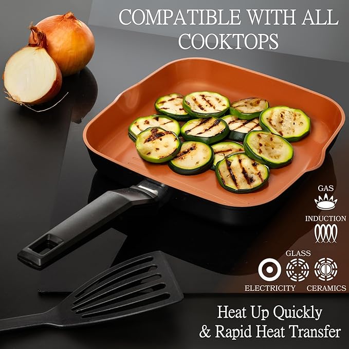 Moss & Stone Square Grill Pan For Indoor Cooking, 9.5In Frying Pan Copper Non-Stick Saute Fry Pan, Induction Copper Pan for Meats & Vegetables, Aluminum Griddle Nonstick Stove Top Grill Pan