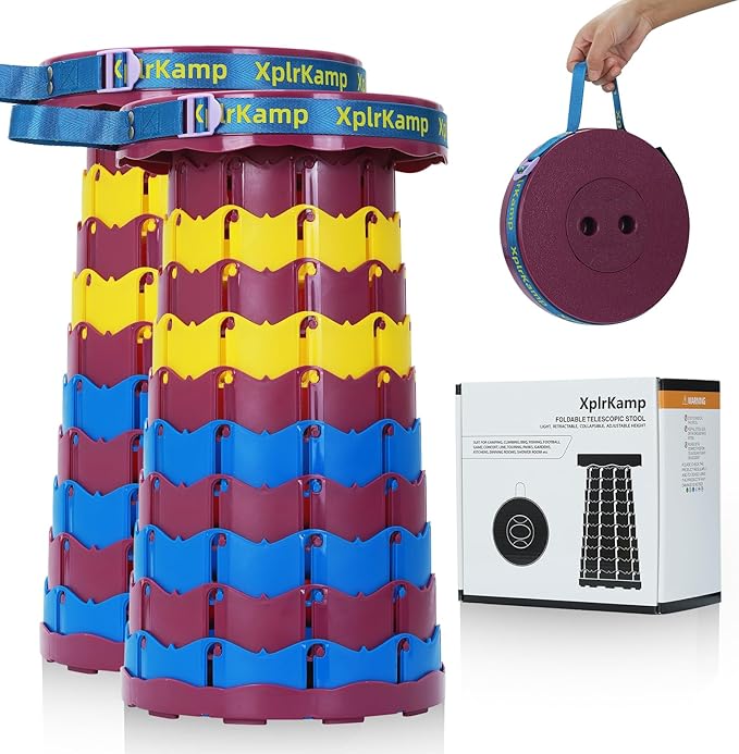 Retractable Folding Stool - Heavy Duty 400 lb Collapsible Portable Stool for Camping, Hiking, Fishing, Indoor/Outdoor with Non-Slip Base and Lightweight Design (Purple Yellow, 2-Pack)