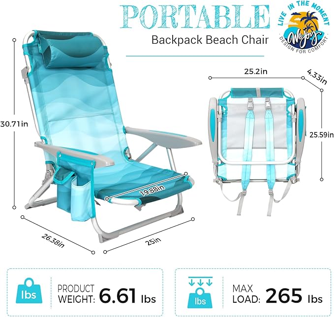 #WEJOY Folding Beach Chair for Adults, 4-Position Aluminum Lightweight Beach Chair, Low Sands Chairs with Shoulder Strap, Cup Holder and Padded Headrest, Supports 265lbs for Lawn