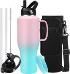 40 oz Insulated Water-Bottle that fits in Cup Holder - Straw & Chug Lid, Cold 48h/Hot 24h, Travel Coffee Tumblers with Handle & Strap Carrier Bag & Protective Boot, Leak Proof Metal Flask Cup