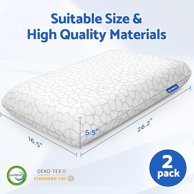 Memory Foam Pillows for Sleeping, Cooling Pillow with Removable and Machine Washable Cover, Bed Pillow for Side, Back and Stomach Sleepers, Standard Size (2 Pack)