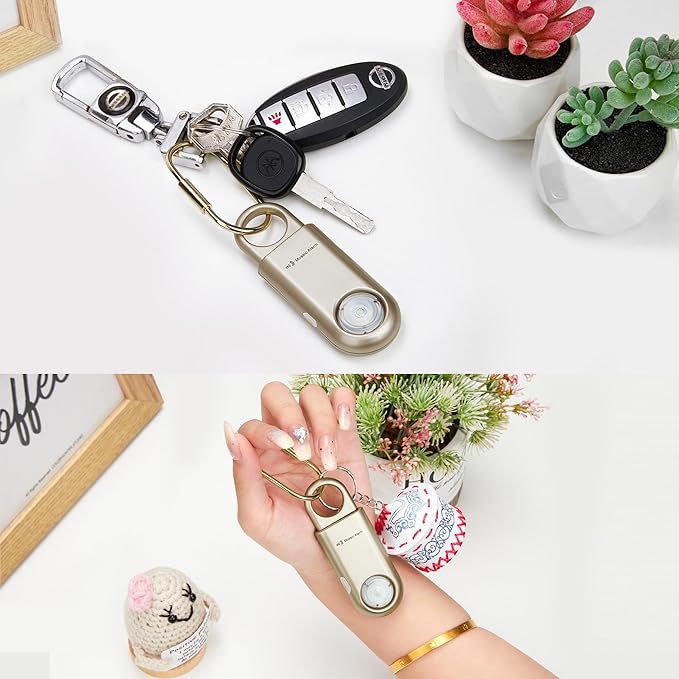 135dB Rechargeable Personal Safety Alarm Strobe Light Flashlight Keychain Siren for Women, Girls, College, School Students Emergency SOS Alerts Loud Sound Hiking Alarm Torchlight Bear Deterrent. Gold