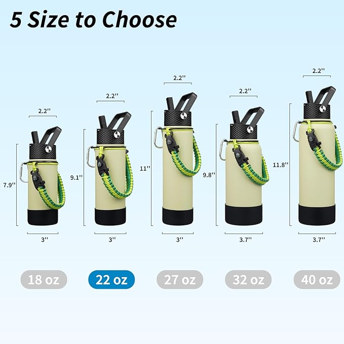 BJPKPK Insulated Water Bottle with Straw Lid, 22oz Thermo Water Bottles with 3 Lids, Paracord Handle & Non-slip Boot, BPA Free Leak Proof Stainless Steel Tumblers,Macaron Green