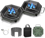Camping Stove Propane Two Burner, 34000BTU Foldable Camp Stove Gas Propane Burners for Outdoor Cooking, Portable Stoves Gas Burners with Windsheild, Carrying Bag, Grates, Regulator