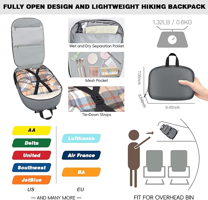 Seektop 40L Hiking Backpack Foldable Daypack for Women Men, Lightweight Travel Backpack Carry on Flight Approved Work Business Leisure Bag (Gray)