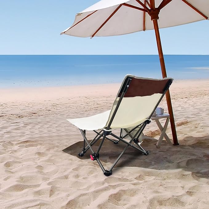 Compact Backpack Beach Chairs 2 Pack with Adjustable Backrest & Side Pocket, Low Folding Camping Chairs for Adults, Portable Reclining Chairs for Beach, Lawn, Travel