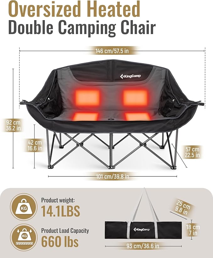 KingCamp Double Camping Chair, Oversized Heavy Duty Loveseat for Adults Portable Folding XL 2 Person Couch Padded Comfortable Two Seat with Cup Holder for Outdoor Lawn Backyard