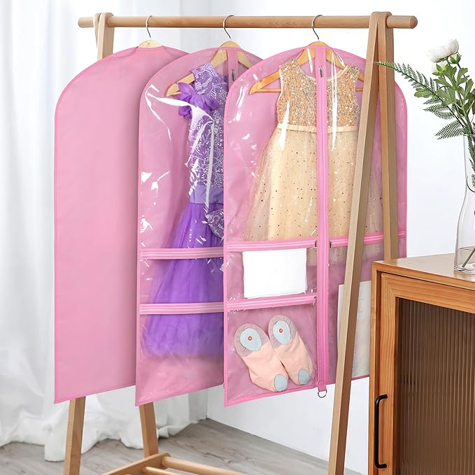 Univivi Dance Costume Bags Garment Bag 40 Inch Hanging Clothes for Dance Competitions, with 3 Medium Clear Zipper Pockets for Dance Costumes, Closet Storage (Pink, 2 Pack)