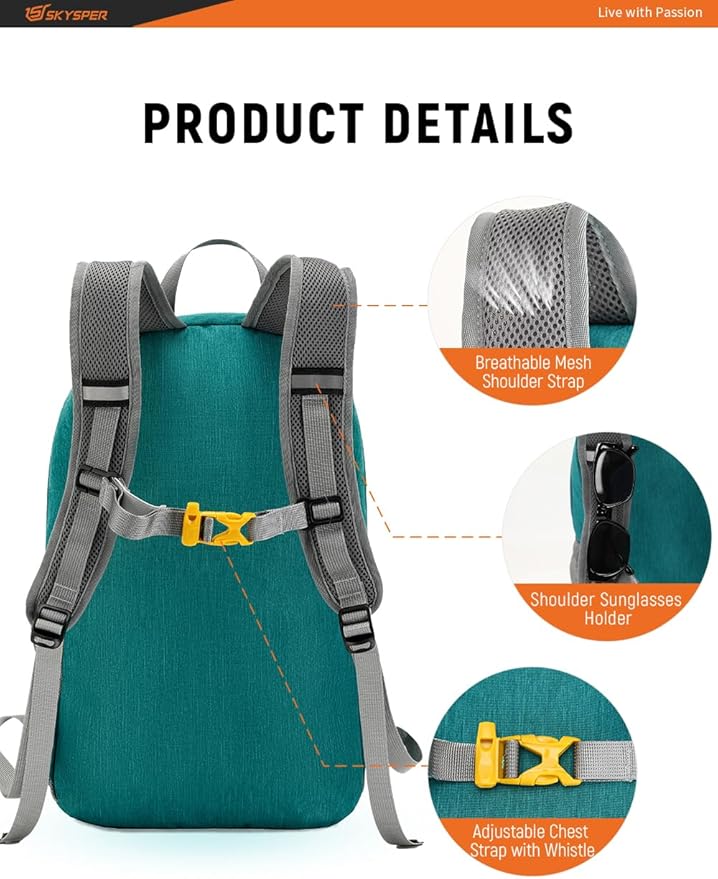 SKYSPER Foldable Small Backpack – 20L Lightweight Hiking Daypack with Chest Belt Packable Travel Rucksack for Women Men