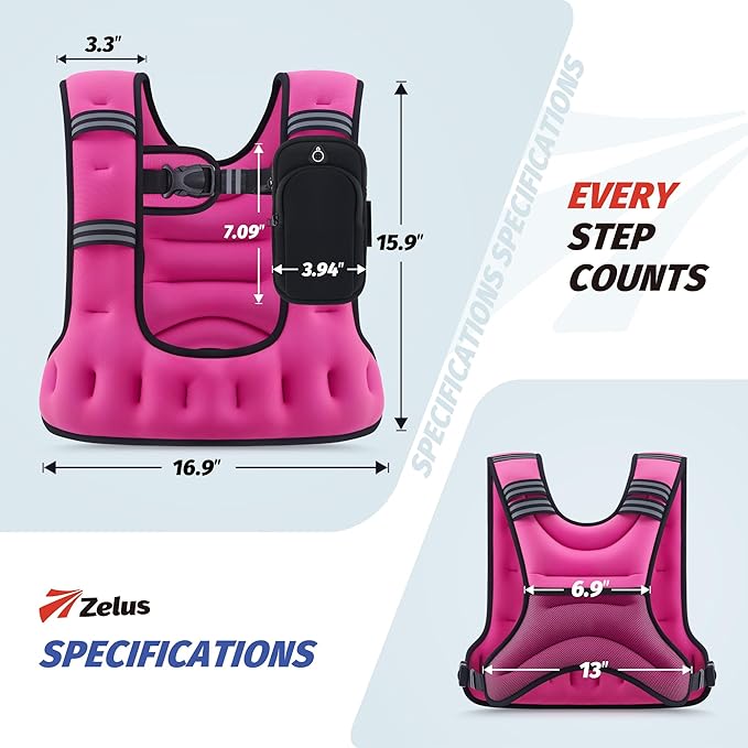 ZELUS Weighted Vest for Women Men, 6/8/12/16/20lb Weight Vest with Arm Pouch Reflective Strips, U-Shaped Rucking Vest for Strength Training Muscle Building, Walking Running Vest for Fitness