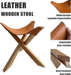 Leather Stool, Portable Beech Wood Artist Folding Stool, Italian Top Vegetable Tanned Leather Seat, Home Fashion Genuine Leather Director’s Stool for Home Outdoor Camping Fishing (Three Leg)