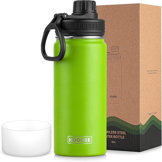 koodee Insulated Water Bottle, 18 oz Stainless Steel Double Wall Vacuum Wide Mouth Sport Bottle with Leakproof Spout Lid (Apple Green)