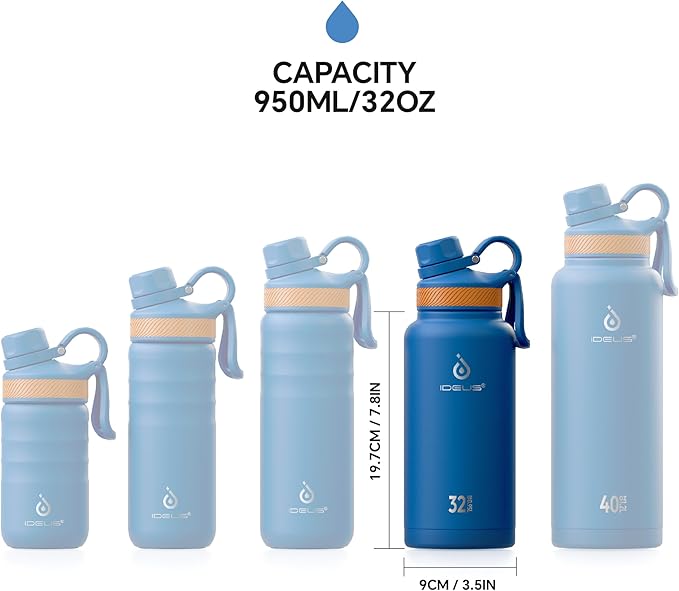 IDEUS Insulated Stainless Steel Water Bottle with 2 Leak-Proof Lids, Thermal Water Flask for Hiking Biking, 32oz, Bright Blue