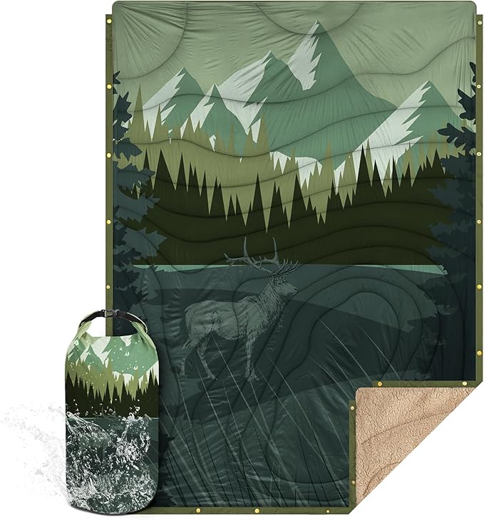 Outdoor Camping Blanket with Sherpa Lining, Extra Warm Thick Camp Blankets and Puffy Ultralight Soft Poncho DWR Camping Quilt for Cold Weather, Adventure, Sleeping, Backpacking 78"x 56"