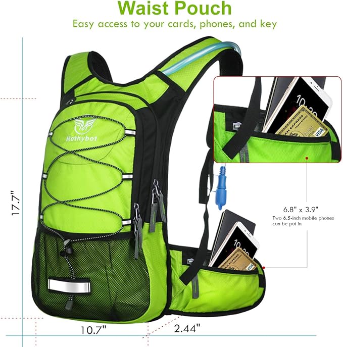 Insulated Hydration Backpack Pack with 3L BPA Free Leak Proof Water Bladder, Large Storage Lightweight Hiking Daypack with Waist Pouches & Cooler Layer, for Running, Biking, Camping, Festival