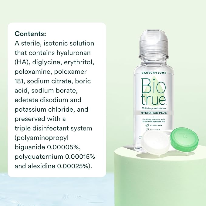Biotrue Hydration Plus Contact Lens Solution, Multi-Purpose Solution for Soft Contact Lenses, Lens Case Included, 2 FL OZ Travel Size