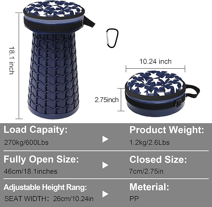 ALEVMOOM Upgraded Collapsible Stool with Thickened Cushion 18.1",600Lbs Max Weight Wider & Taller Pop Up Stool, Heavy Duty Portable Retractable Folding Chair or Travel Foot Rest for Camping & Outdoors