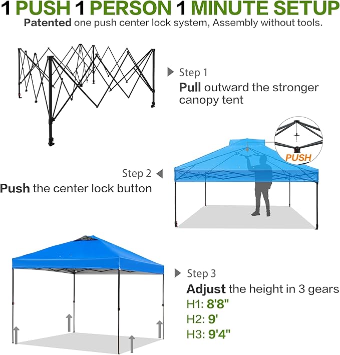 10'x10' Pop Up Canopy Tent with 1 Sidewall and 6 Pockets, One Push Setup, Instant Shade Tent with Vented Roof for Beach Patio Outdoor, Case, 8 Stakes, 4 Ropes, 4 Sandbags (Blue, 10x10)