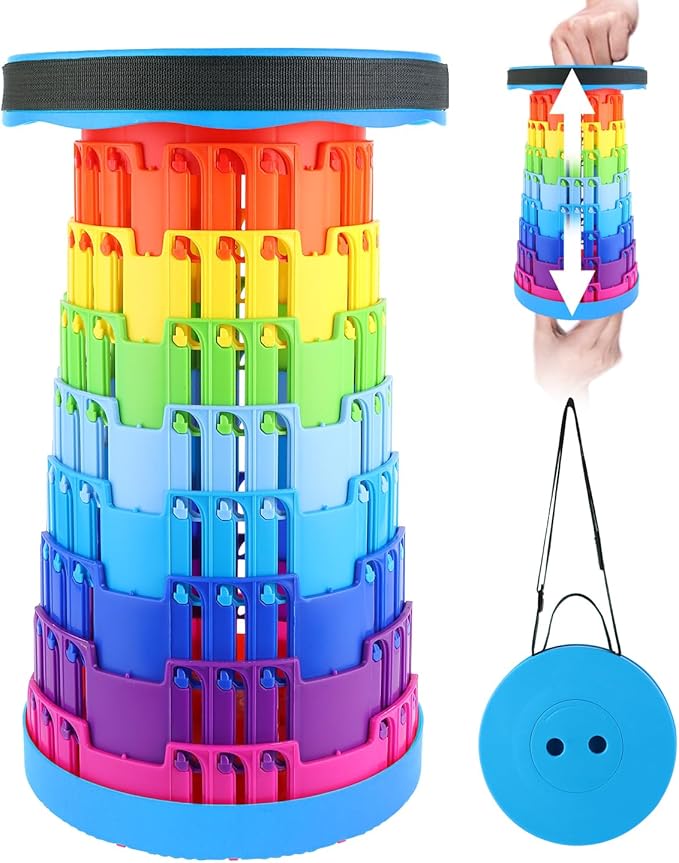 Collapsible Stool with Large Load Capacity,Portable Lightweight Folding Stool for Adults,Collapsible Chair Telescoping Design for Outdoor Fishing,Hiking,Travel,BBQ(Blue-Rainbow)