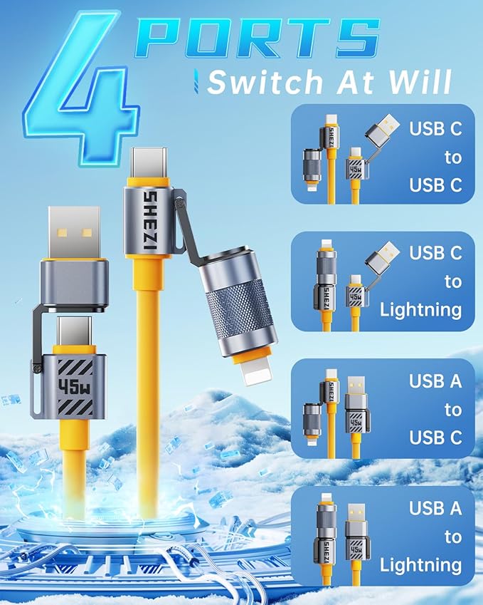 4 in 1 USB C Cable 45W 5FT Fast Charging & Data Transfer, Thicker Silicone Multi Charger Cord for iPhone iPad Charger Wire Combo with L/Type C/USB A for iPhone 16/15/Macbook (Yellow)