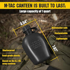 M-Tac Canteen Water Bottle - 1 Quart Water Canteen (34 Oz/1L) - Tactical Water Bottle for Military Hiking Camping Survival (Black)