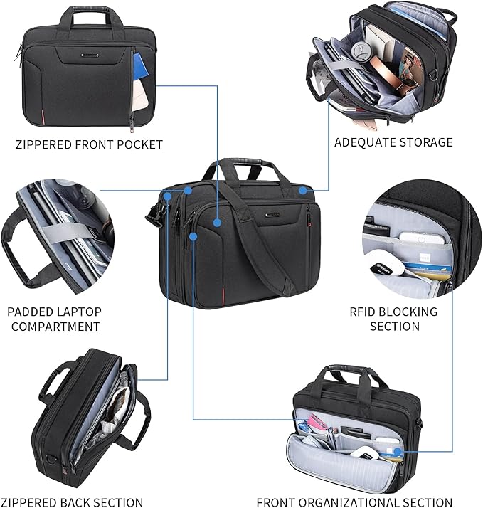 EMPSIGN Stylish Laptop Bag Briefcase, 17.3 Inch Laptop Case Expandable Messenger Bag for Men Water Repellent, RFID Blocking Office Carrying Shoulder Bag for Work Business Travel-Black