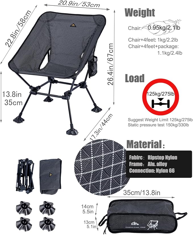 iClimb Ultralight Compact Camping Folding Beach Chair with Anti-Sinking Large Feet