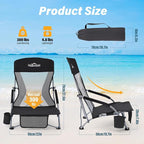 Homcosan Portable Low Folding Beach Chair - Lightweight Camping Chair for Adults with Cup Holder & Storage Pocket, Carry Bag Included (Black & Gray)