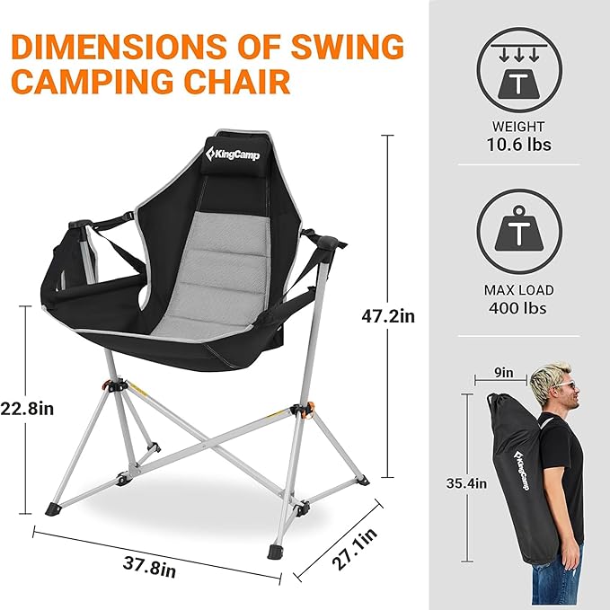 KingCamp Hammock Chair with Footrest, Swinging Portable Folding Camping Chairs for Adults MAX 440lbs Heavy Duty Foldable Oversized Rocker with Cup Holder Pillow for Outdoor Beach Patio Sport Lawn