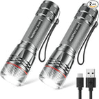 WdtPro Rechargeable Flashlights High Lumens, 2 Pack Super Bright LED Small Tactical EDC Flashlight with 10H Runtime, Portable Flash light for Camping, Home, Emergency Essentials Grey(Battery Included)