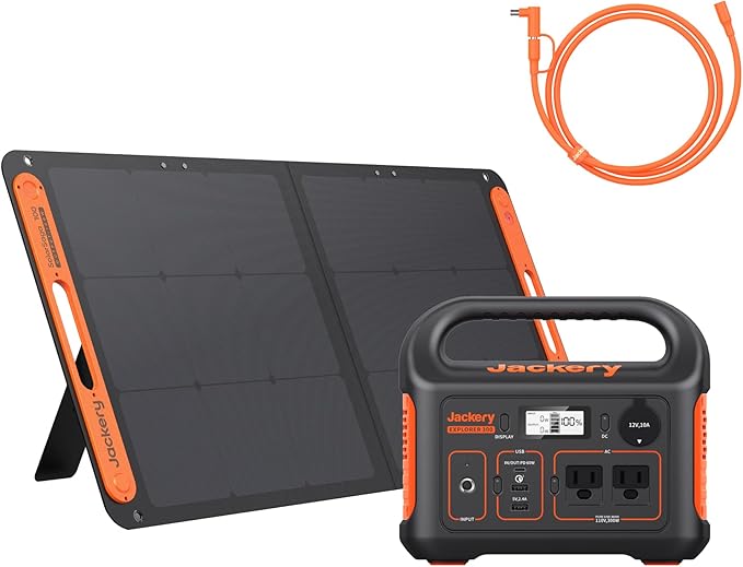 Jackery Solar Generator 300, 293Wh Backup Lithium Battery with Solar Panel SolarSaga 100W, 110V/300W Pure Sine Wave AC Outlet for RV Outdoors Camping Travel Blackout(Extension Cable Included)
