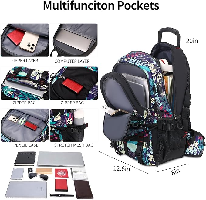 Nerlion 40L Hiking Backpack Travel Backpack for Men Women Camping Waterproof Outdoor Hiking Daypack Lightweight Backpack (Blue Leaves)