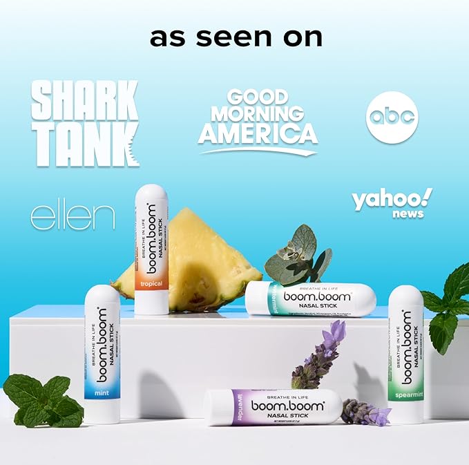 BoomBoom Nasal Stick | Vapor Flow Technology | Cool Refreshing Sensation | Natural Mood Boost | Simple Ingredients | Essential Oils + Menthol Inhaler (Mint, Wintermint, Tropical, Spearmint)