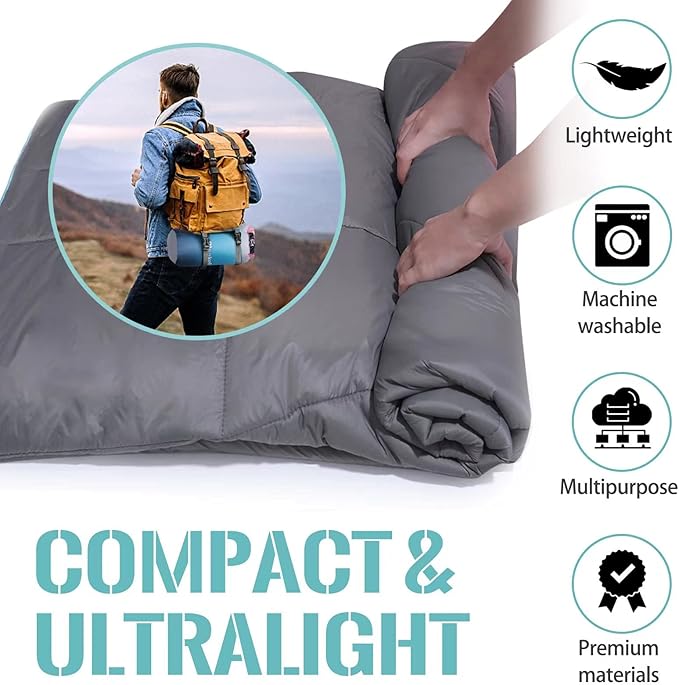 Outdoor Puffy Camping Blanket, Lightweight Down Alternative Puffy Printed Camping Large Ultra Warm Hammock Top Quilt Waterproof Blanket for Traveling Picnic Beach Party Cold Weather (Gray)