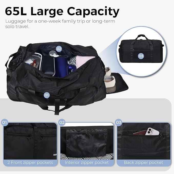 Fmeida 65L Duffle Bag with Shoes Compartment, Foldable Travel Duffel Bags for Men Women, Large Packable Travel Bag Water Repellent & Tear Resistant (Black)