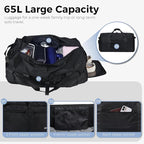 Fmeida 65L Duffle Bag with Shoes Compartment, Foldable Travel Duffel Bags for Men Women, Large Packable Travel Bag Water Repellent & Tear Resistant (Black)