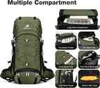 60L Waterproof Backpacking Hiking Backpack with Rain Cover for Men Women, Large Camping Backpack, Green