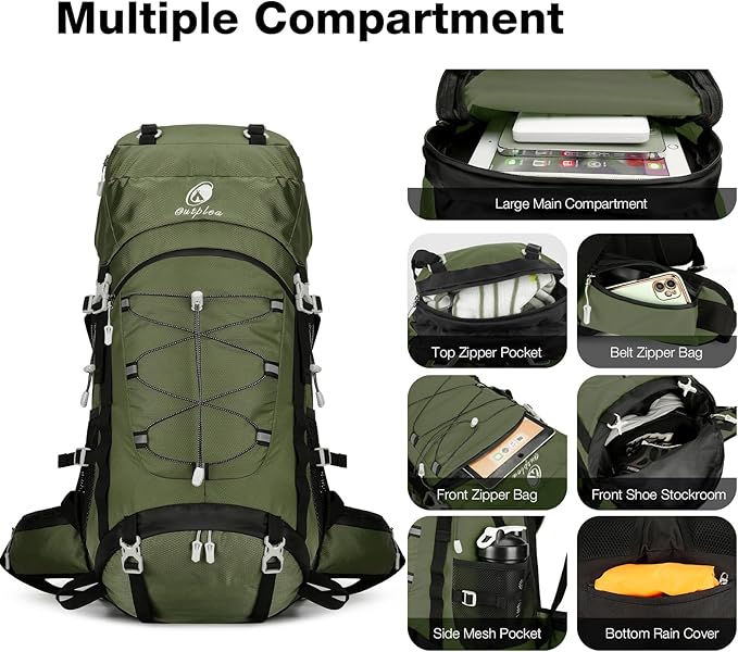 60L Waterproof Backpacking Hiking Backpack with Rain Cover for Men Women, Large Camping Backpack, Green