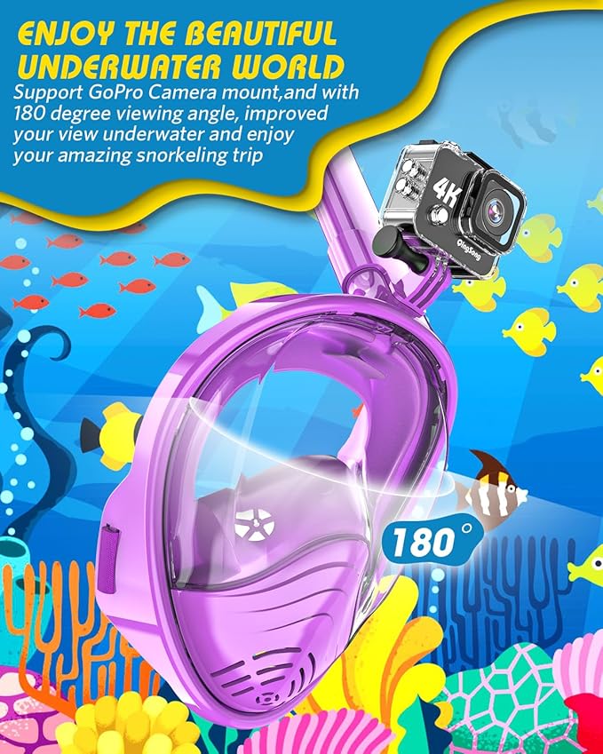 QingSong Kids Snorkel Mask Full Face, Snorkeling Set with Camera Mount, Foldable 180 Degree Panoramic View Snorkeling Gear Anti-Fog Anti-Leak
