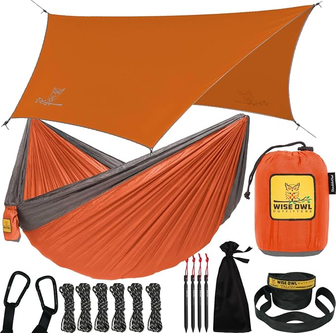 Wise Owl Outfitters Single Hammock & Rain Fly Bundle – Orange Lightweight Camping Hammock with Tree Straps & Waterproof Tarp for Hiking & Outdoor Shelter
