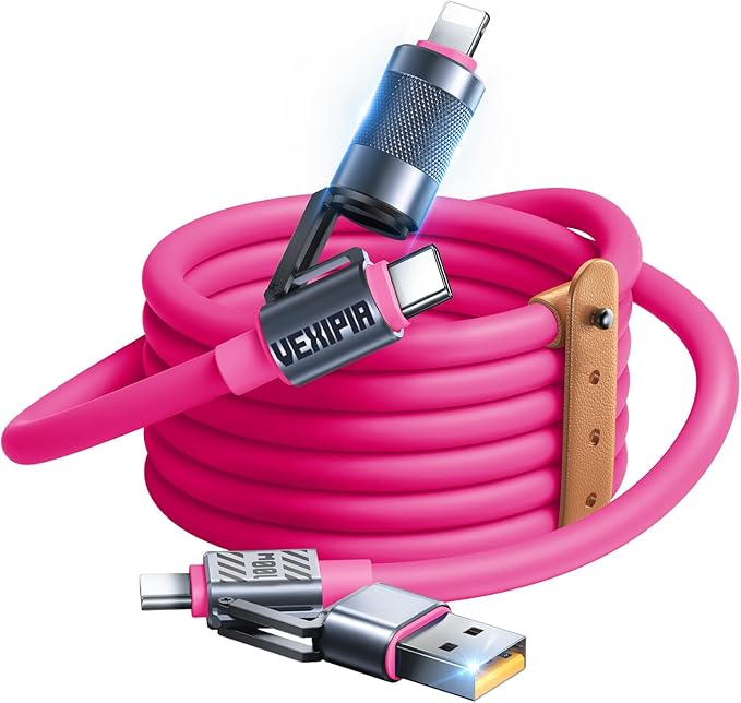 4 in 1 USB C Cable 100W 5FT Fast Charging & Data Transfer, Thicker Silicone Multi Charger Cord for iPhone iPad Charger Wire Combo with L/Type C/USB A for iPhone 16/15/Macbook (Pink)