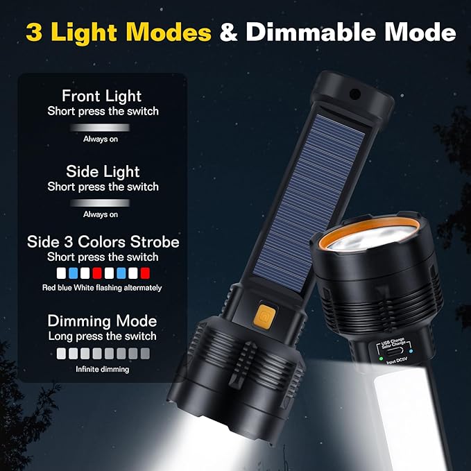 2 Pack LED Rechargeable Flashlight - 20000 Lumens Super Bright Tactical Flash Light, Compact & Waterproof, Long-Lasting Battery, Solar Flashlights for Home, Camping,Hiking, Emergencies, Adventures